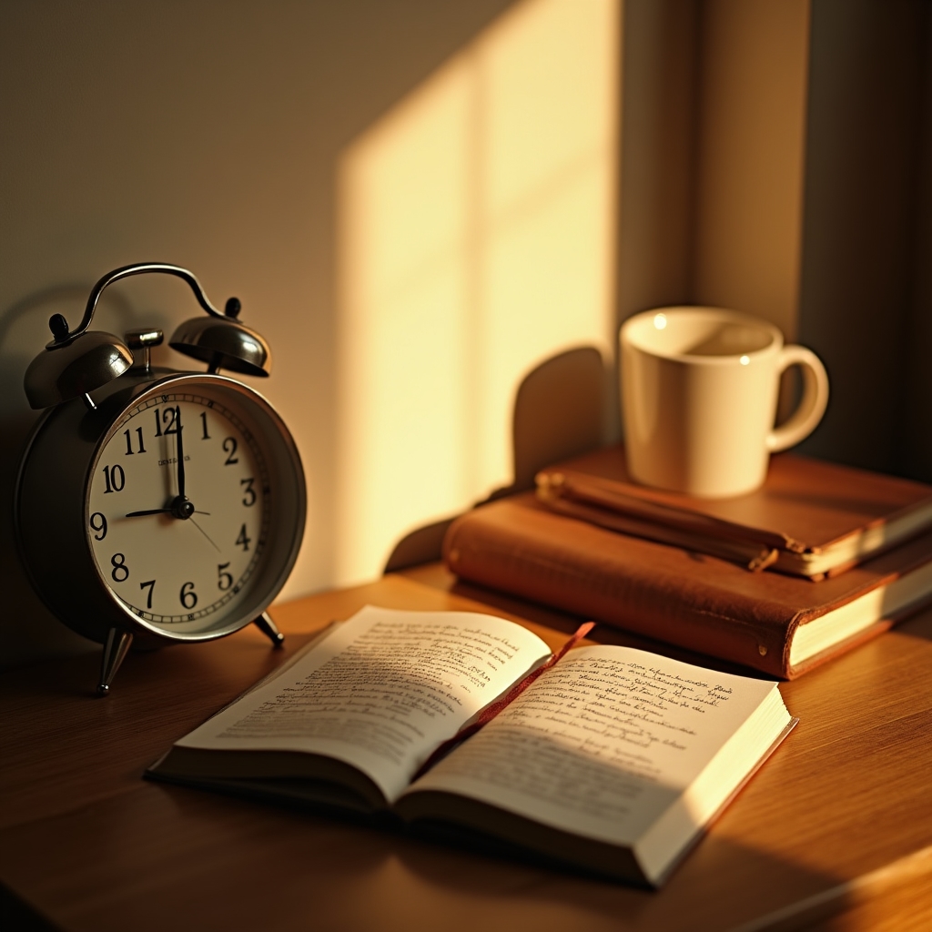 Ruhiges Nachttischarrangement mit Notizbuch und warmem Licht