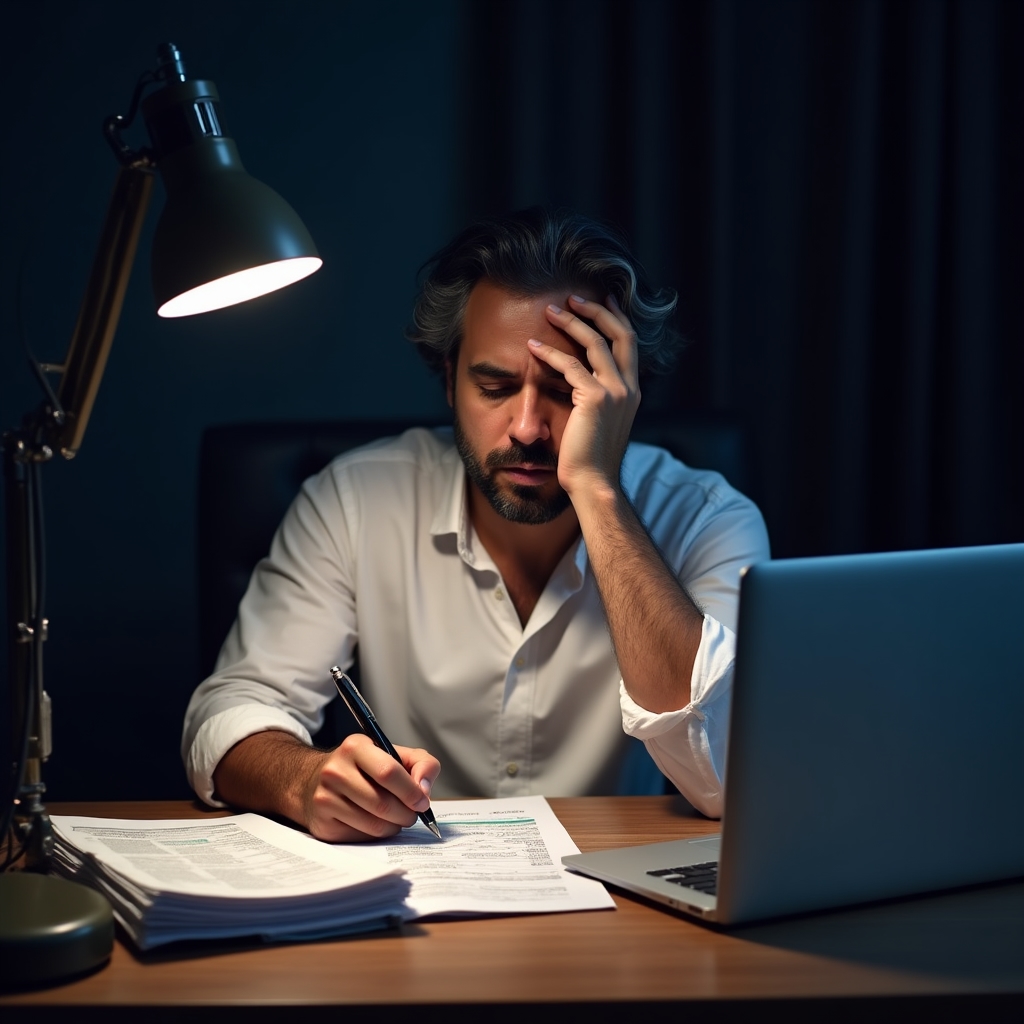 Erschöpfte Person prüft Finanzunterlagen am Abend